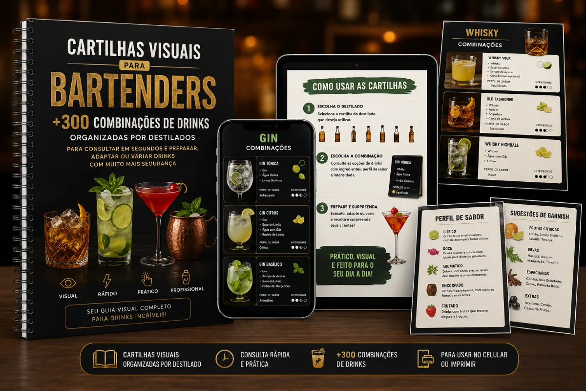Mockup das cartilhas visuais para bartenders no celular, tablet e impressas